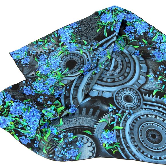 100% silk square scarf wrap "Forget-me-nots" grey blue floral - Picture 8 of 8